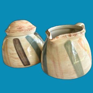 VTG Oneida Stoneware Cream Sugar Set Teramo Stripes 1999 Excellent Condition